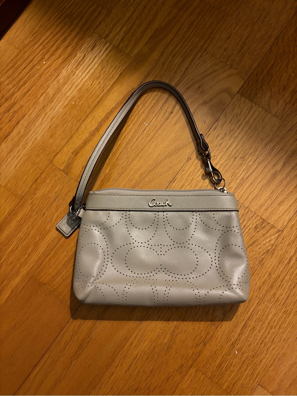 Coach Light Gray Perforated Leather Wristlet